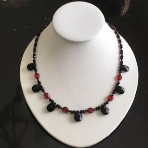 Black onyx necklace with red glass accents
